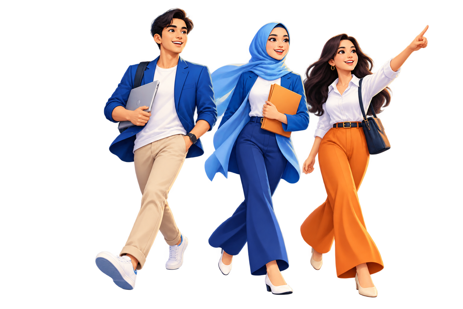 Three young professionals moving forward together